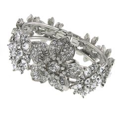 Galax  Silver Tone Floral Melange Cuff Bracelet Channel Jewelry, Bride Jewelry Set, 1928 Jewelry, Bride Jewelry, Bride Jewellery, Sparkling Crystal, Jewelry Companies, Silver Cuff Bracelet, Floral Motif