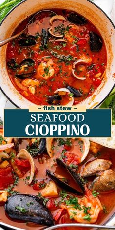 seafood clopino soup in a pot with the title above it