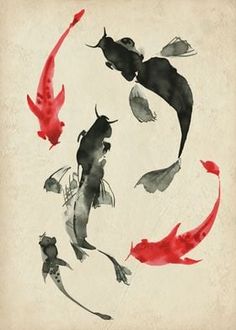 watercolor painting of koi fish in various stages of development, including red and black colors