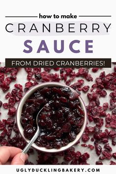 Bowl of Cranberry Sauce with craisins. Someone is dipping into the bowl with a spoon and it is surrounded by more dried cranberries. The title reads How to Make Cranberry Sauce from Dried Cranberries and the website Ugly Duckling Bakery dot com is below. Best Homemade Cranberry Sauce, Fresh Cranberry Sauce, Best Cranberry Sauce, Easy Cranberry Sauce, Food Thanksgiving, Fresh Cranberry, Homemade Cranberry Sauce, Cranberry Sauce Recipe, Turkey Trot