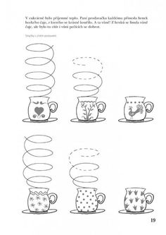 coffee mugs with different designs on them are shown in black and white, as well as