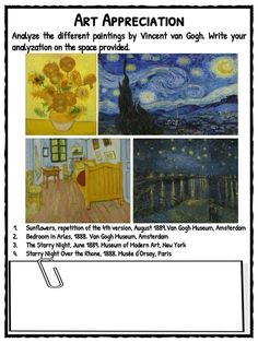 an art appreciation poster with pictures of van gogh's paintings and the words, arts appreciation