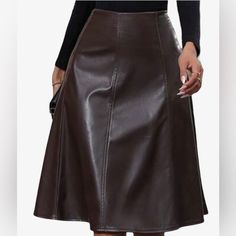 Chocolatey Brown High Waisted Faux Leather Skirt Medium: Fits 6/8ish Never Worn-I Love This So Much I Ordered Two By Accident When I Was Drunk Brown Fitted Faux Leather Skirt, Fitted Faux Leather Brown Skirt, Fitted Brown Faux Leather Skirt, Brown Pencil Skirt For Fall Party, Fall Party Brown Pencil Skirt, Chic Brown A-line Skirt, Faux Leather Midi Skirt With Lining, Fitted Knee-length Faux Leather Skirt, Elegant Brown Flared Mini Skirt