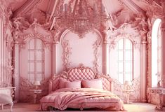 an ornate bedroom with pink walls and furniture