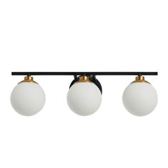 three light fixture with two white globes on the top and one black metal rod