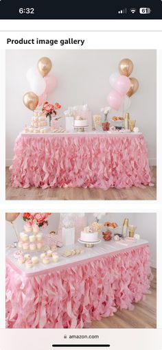 a table with pink ruffles and gold balloons on it, in front of a white