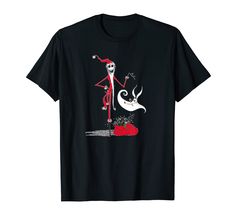 a black t - shirt with an image of a skeleton and a cat on it