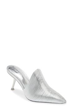 A textured leather upper with a shimmering metallic finish brings all the ultramodern vibes you want in this stylishly chic mule. 3" heel Leather upper and lining/rubber sole Made in Brazil Modern High Heel Mules For Cocktail, Modern Pointed Toe Mules For Cocktail, Modern High Heel Cocktail Mules, Modern Mules With Wrapped Heel For Cocktails, Modern Mules With Wrapped Heel For Cocktail, Designer Metallic Heels With Sculpted Heel, Modern Mules For Spring Cocktail, Modern Cocktail Mules With Wrapped Heel, Luxury Silver Mules For Party