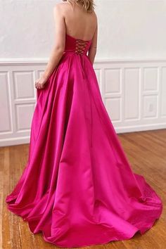 Pink Satin Prom Dress, Satin Prom Dress Long, Prom Dresses Strapless, Simple Party Dress, Prom Dress With Pockets, Vestido Pink, Satin Prom Dresses, Hot Pink Satin, Rose Fushia