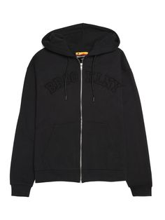 Men's "Brooklyn NY" Zip-Up Hoodie in Black - BROOKLYN INDUSTRIES French Terry Outerwear With Drawstring Hood For Streetwear, Varsity Cotton Hooded Jacket For Fall, College Hooded Jacket With Drawstring, Varsity Style Cotton Hooded Jacket For Streetwear, Sporty Cotton Hoodie With Zipper, Double-lined Hooded Jacket For College, College Hoodie Jacket With Drawstring Hood, Cotton Hooded Jacket With Ribbed Cuffs For College, Hooded Sweatshirt With Embroidered Logo For Loungewear