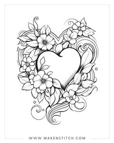 a heart with flowers and swirls in the middle is shown on a white background