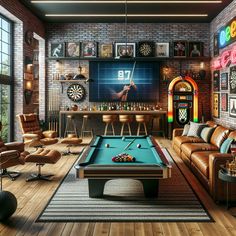 Plush couches, recliners, and a flat-screen TV create a cozy ambiance in this spacious man cave. A pool table, jukebox, dartboard, and vintage pinball machine make it a true entertainment hub. #ManCave #HomeDecor #EntertainmentRoom #InteriorDesign #SportsMemorabilia #HomeBar Man Cave Ideas Room, Bar Pool Table, Games Room Inspiration, Sports Pub, Plush Couch, Men Cave, Basement Bar Designs, Bar Interior Design, Bar Designs