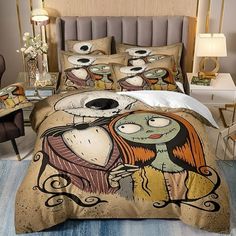 a bed with a cartoon character on it