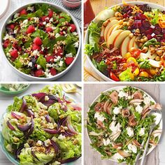 four pictures of different salads with apples, grapes, and other foods in them