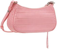 Croc-embossed lambskin shoulder bag in pink. Engraved studs and pin-buckle hardware throughout. · Curb chain carry handle at top · Adjustable and detachable shoulder strap with post-stud fastening · Gathering at face · Zip closure at main compartment · Two card slots at interior · Canvas lining in black · Antiqued silver-tone hardware · H5.1 x W8.2 x D1.7 in Supplier color: Sweet pink Balenciaga Clothing, Pink Mini, Curb Chain, Luxury Streetwear, Saddle Bags, Card Slots, Balenciaga, Slots, Silver Tone