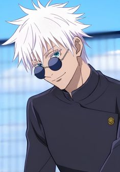 an anime character with white hair and blue eyes, wearing a black shirt in front of a fence