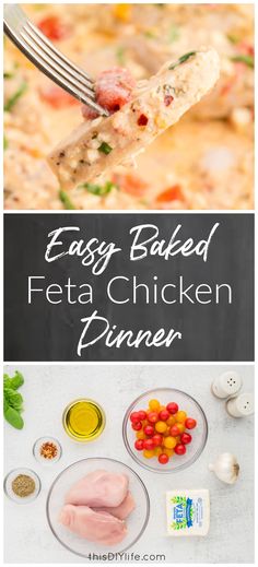 easy baked feta chicken princer recipe on a fork with the title above it