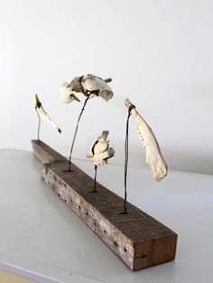 three white flowers are placed on top of a piece of wood with sticks sticking out of it