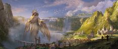 a painting of a giant creature standing on top of a mountain next to a waterfall