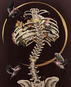 the skeleton is surrounded by birds and has flowers on its back, as if it were flying in the air