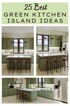 Transform your kitchen with stylish green island concepts! From contemporary green kitchen island designs to soft olive green trends, these ideas showcase how a touch of green can revitalize your space. Pair a sage green island with marble countertops for a timeless look or go bold with vibrant green finishes for a striking centerpiece. Discover lush green kitchen island styles and modern rustic green island concepts to create your dream kitchen today. Contemporary Green Kitchen, Sage Green Island, Kitchen Island Designs, Kitchen Island Styling, Woven Bar Stools, Green Kitchen Island, Reclaimed Wood Ceiling, Soft Olive Green