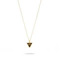 Embrace spiritual protection with the Minimalist Black Onyx & Gold Triangle Pendant Evil Eye Talisman Necklace, crafted to shield you from negative energies.  This elegant pendant features a black onyx triangle, beautifully adorned with a gold evil eye talisman, and is set in 18k gold-plated sterling silver.  The luxurious gold vermeil chain perfectly complements the pendant, making this minimalist yet meaningful necklace a stylish addition to your everyday wear. Details 18K gold plated on sterling silver Black Onyx Necklace length 18" and 2'' extender Pendant height 0. 7'' Pendant width 0. 5'' Avoid contact with chemicals, makeup, parfume. Do not use dips or abrasive cleaners on necklace. To clean and brighten it up your necklace, wipe them gently with jewelry polishing cloth. Meaningful Necklace, Pendant Making, Gold Triangle, Talisman Necklace, September Birthstone Jewelry, Black Onyx Necklace, August Birthstone Jewelry, Spiritual Protection, July Birthstone Jewelry