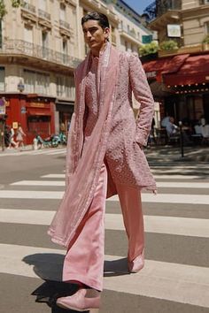 Pink sherwani with embroidered floral checkered motifs, embellished by beads and sequins. Comes with inner kurta, pant and dupatta. - Aza Fashions Pink Sherwani, Kaftan Kurta, Kurta Lehenga, Prince Coat, Crystal Work, Waistcoat Woman, Wedding Sari, Pink Embroidery, Silk Kurta