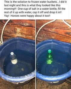 two pictures of a blue tub with water in it and one has a green bottle inside