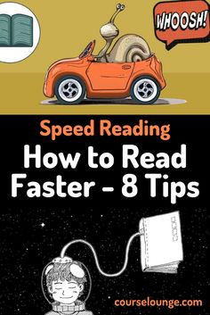 an orange car with the words speed reading how to read faster 8 tips