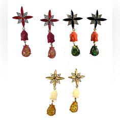 six pairs of earrings are shown in different colors and shapes, including one with a star on top