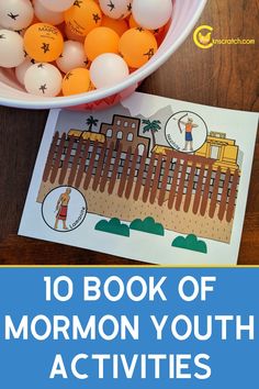 an orange and white bowl filled with eggs sitting on top of a table next to a book