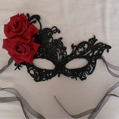 Brand New, Never Used Masquerade Accessories, Maskerade Mask, Mascarade Ball, Black Lace Mask, Black Masquerade Mask, White Rose Tattoos, Rose Mask, Ball Ideas, Lace Mask