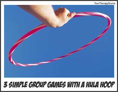 a hand holding a pink hula hoop with the words, 5 simple group games with a hala hoop