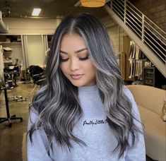 Brunette Hair Grey Highlights, Silver Highlights For Dark Brown Hair, Hair Color That Blends With Grey Hair, Subtle Grey Highlights On Dark Hair, Brown Hair Going Grey Highlights, Ashy Brunette Highlights, Ash Blonde Balayage Medium Length, Ash Grey Highlights On Dark Hair