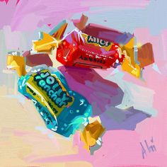 an oil painting of two candy bars on a pink background