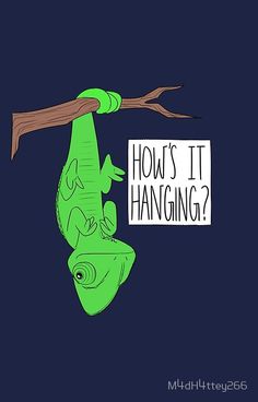 a green frog hanging upside down on a branch with a sign that says how's it hanging?