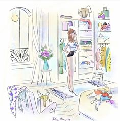 a drawing of a woman standing in front of a closet with clothes on the shelves