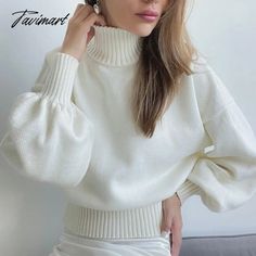 Tavimart Women's Loose Knitted Sweater Pullovers for Fall and Winter Solid Color Full Puff Sleeve High Neck Skinny Short Casual Sweaters Winter Knit Top With Lantern Sleeves, Winter Knit Tops With Lantern Sleeves, Knit Tops With Lantern Sleeves For Winter, Casual Winter Sweater With Lantern Sleeves, Casual Lantern Sleeve Winter Sweater, Solid Color Stretch Sweater With Puff Sleeves, Stretch Solid Color Sweater With Puff Sleeves, Winter Stretch Tops With Lantern Sleeves, Stretch Lantern Sleeve Winter Tops