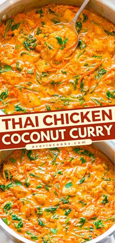 thai chicken coconut curry in a large pot with a wooden spoon on the side and an advertisement above it