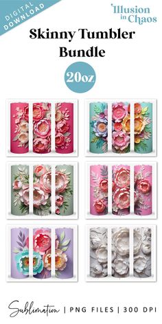 3D paper flowers design bundle for 20 oz skinny tumblers. Straight tumbler wrap. Commercial use license (ad) 3d Paper Flowers, Yard Flags, Cricut Free, Flowers Design, Graphic Design Resources, 3d Paper, Printable Paper, Graphic Patterns, Design Assets