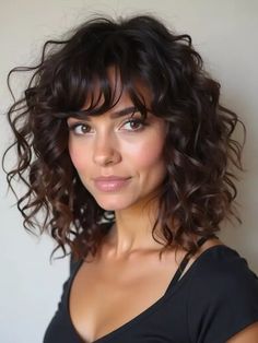 The shag haircut has made a major comeback, and it’s especially flattering on curly hair. This hairstyle is characterized by choppy layers and lots of volume, giving your curls an edgy, modern look. The curly shag is perfect for those who want to add texture and movement to their hair. It works well with medium to long hair, and the layers help to define your curls without making them too heavy. Pair this look with curtain bangs for a trendy finish. Curly With Fringe, Curly Hairstyles Fringe, Curly Round Face Haircut, Curly Hair With Round Face, Brunette Shag With Highlights, Naturally Curly Bob With Bangs, Shaggy Curly Hair Medium Shoulder Length, Structured Haircut, Brunette Curly Hair Highlights