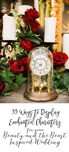 a clock with roses and candles in the background