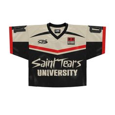 an old hockey jersey with the words saint tears university written on it and red, white, and black stripes