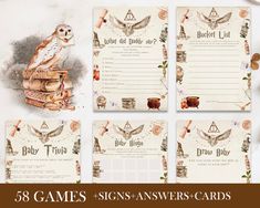 harry potter baby shower game cards with owl on top and hogwarts in the background