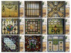 many different stained glass windows in various styles and sizes, all with decorative designs on them