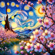 a painting of the night with flowers and trees