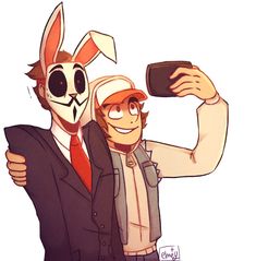 an image of two people that are wearing bunny ears and one is taking a selfie