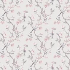 a wallpaper with pink flowers and birds on the branches in front of white background