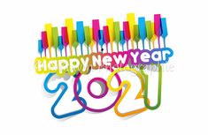 happy new year greeting card with colorful popsicles and the numbers in rainbow colors on white background