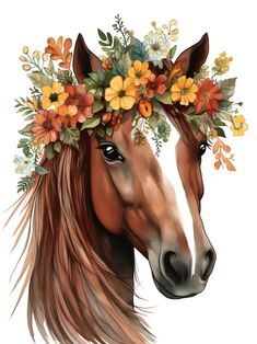 a horse with flowers on its head is wearing a flower crown in front of it's face